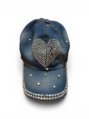Denim Heart Crystal Baseball Cap - Blue